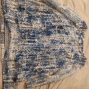 Ali Miles White and Blue Crochet Long Sleeve Top